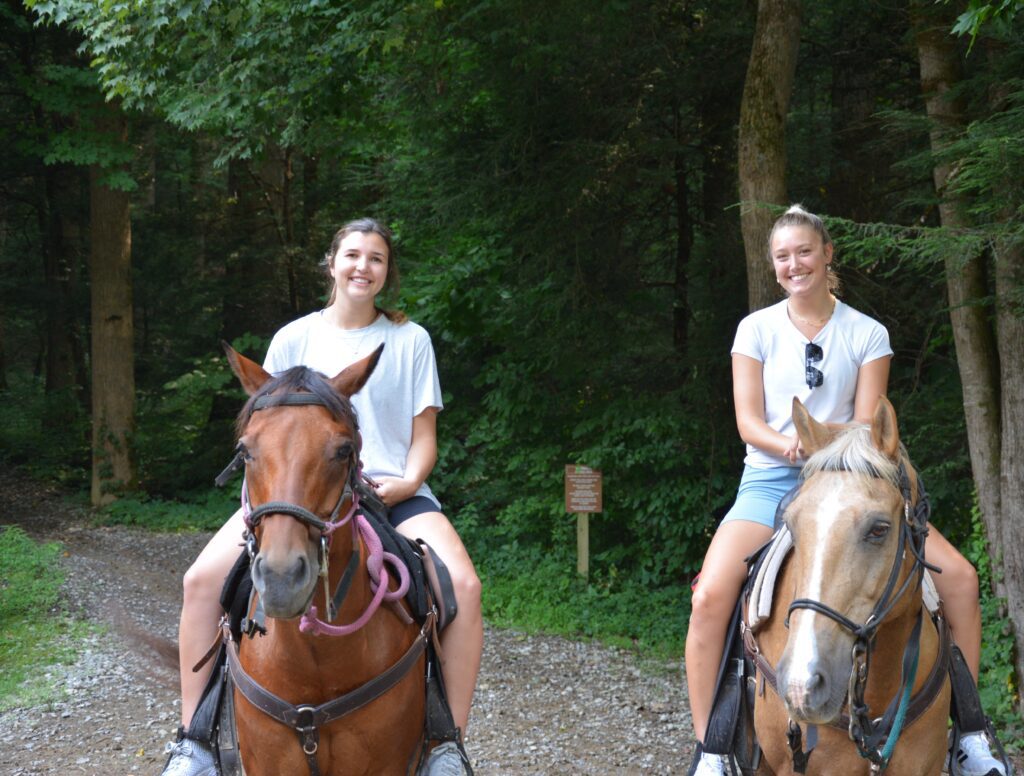 Two riders on brown horses in a forest setting
